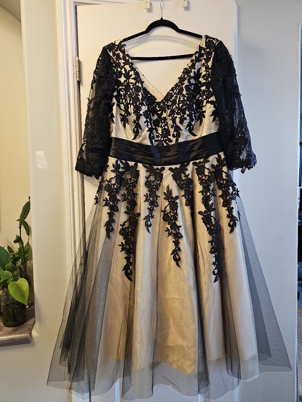 Plus Appx Size 18w, JJs House Black and Champagne Lace Appliqué Tea-Length Dress